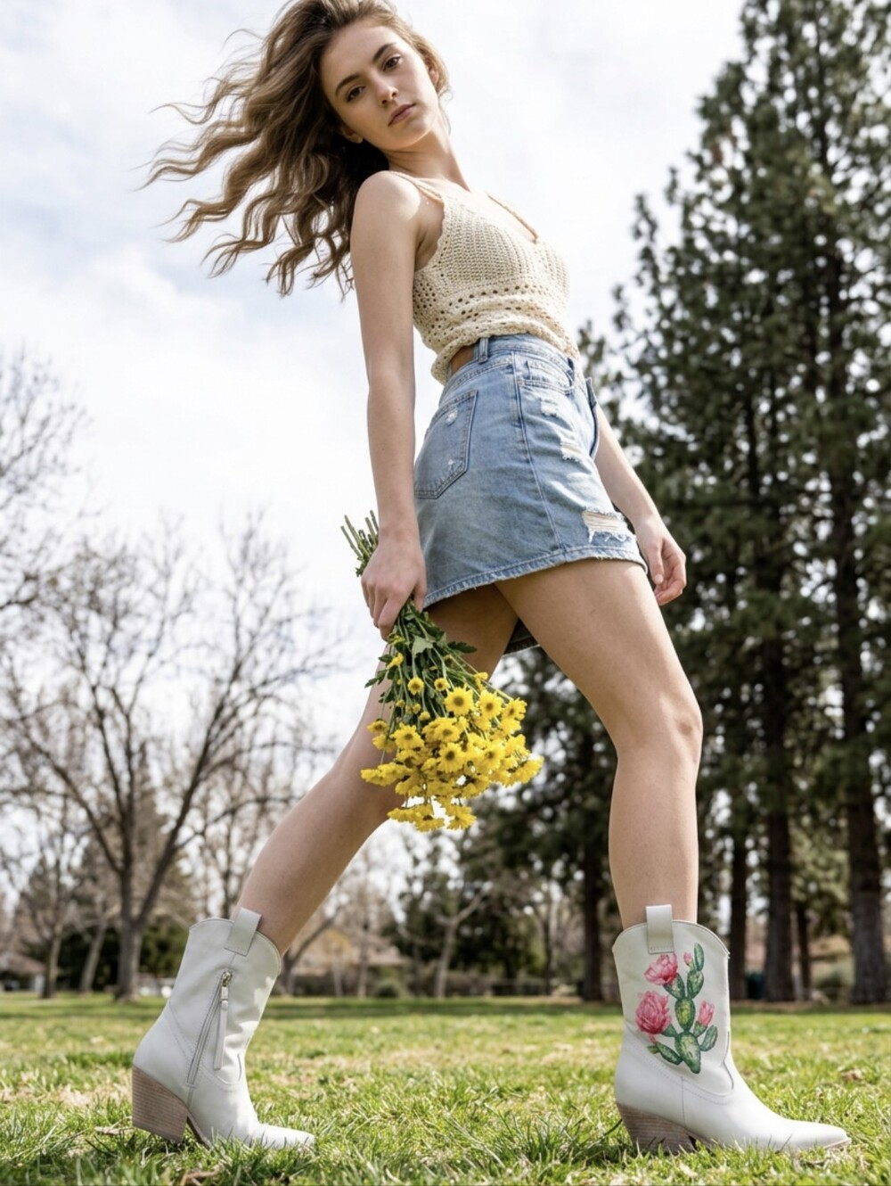 White Floral Cactus Embroidered Women’s Lace-Up Western Ankle Boots